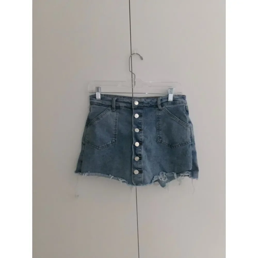 Denim Button-Front Mini Skort in Light Blue